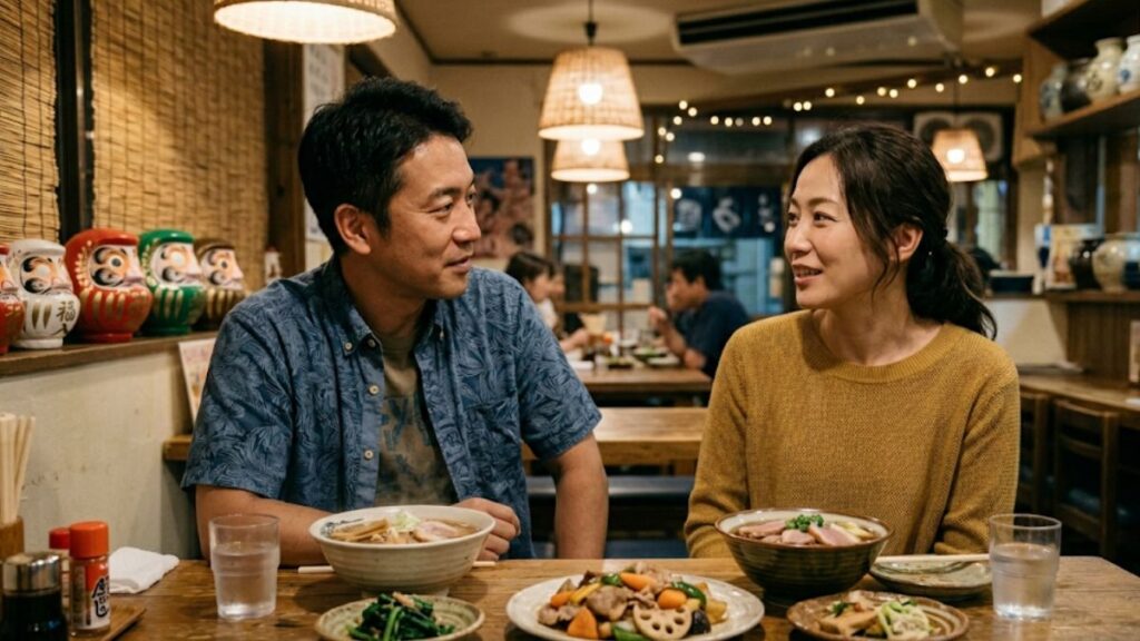 沖縄で出会いがないと悩む40代男性が、落ち着いた雰囲気の飲食店で女性と誠実に向き合い、落ち着いた会話を通じて信頼を築いているシーン。