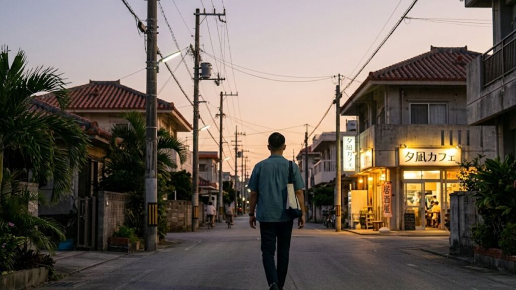 沖縄で出会いがない毎日を変えるために、自分に合った出会いの場へと自ら足を運び、実践的なステップを開始する男性の前向きな後ろ姿。