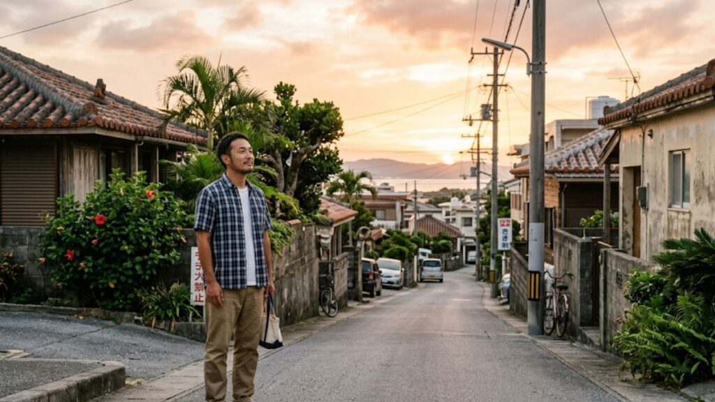 沖縄で出会いがないと悩む独身男性が、地元の静かな道を歩きながら自分に合った解決策を見つけようと前を向く、希望を感じさせる風景。