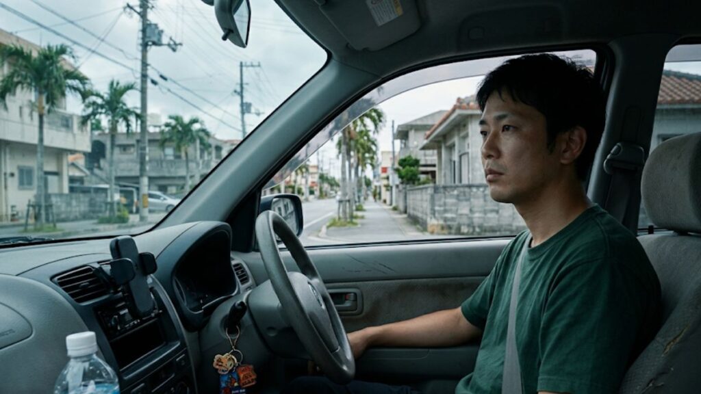 沖縄で出会いがない一因である車社会を象徴する、運転席から外の景色を眺めながら地域のつながりについて考える男性のリアルな日常。