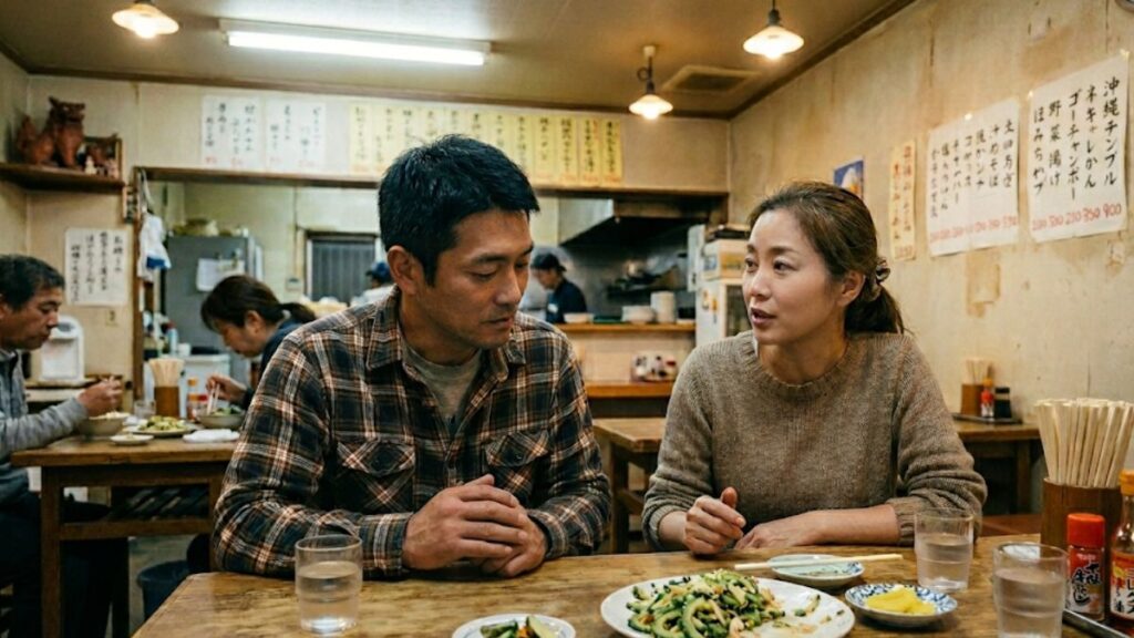 沖縄で出会いがない状況を打破するために、地域のマナーを守りながら相手の話を誠実に聞く姿勢を見せる30代男性の交流シーン。