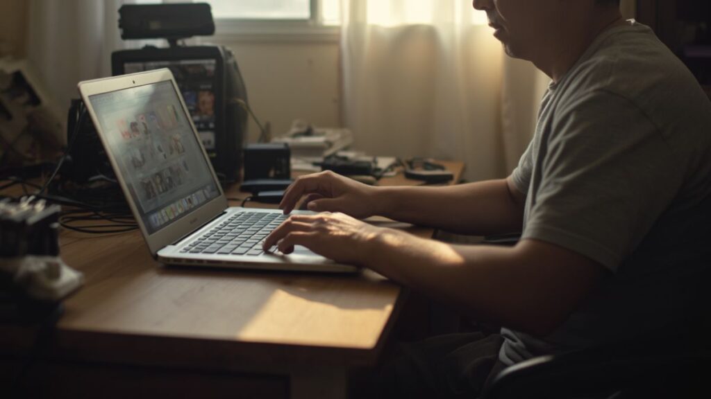 沖縄で出会いがない現状を打破するため、自宅で自分にぴったりの出会い方や支援サービスを真剣に比較検討している30代男性のリアルな様子。