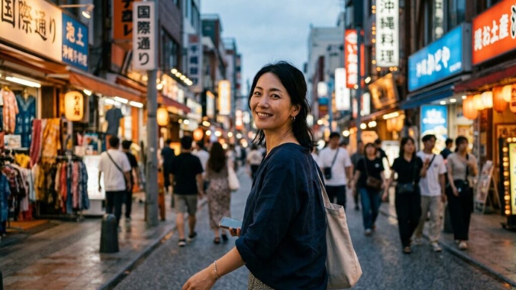 沖縄女性の特徴を解説する記事のアイキャッチ画像。夕暮れの国際通りのような賑やかな街並みを歩きながら、穏やかな笑顔で振り返る30代女性の姿。