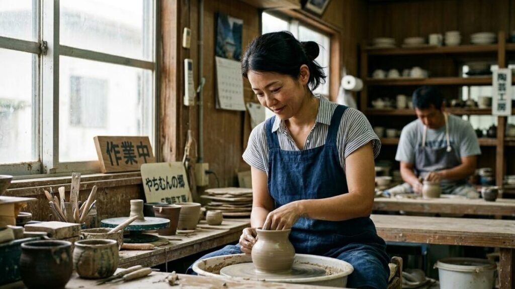 沖縄女性の特徴である、努力家で自立心がある一面を表現した、職場で真剣に、かつ前向きに仕事に取り組む40代女性の姿。