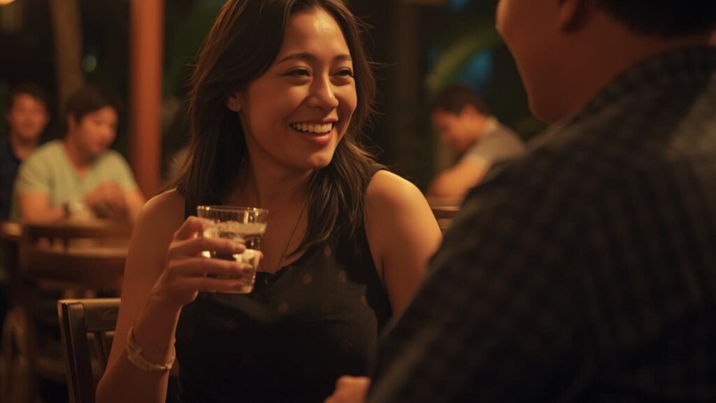 沖縄女性の特徴である明るく人懐っこい雰囲気を表現した画像。地元の温かい居酒屋で、リラックスして楽しそうに笑い合っている自然な情景。