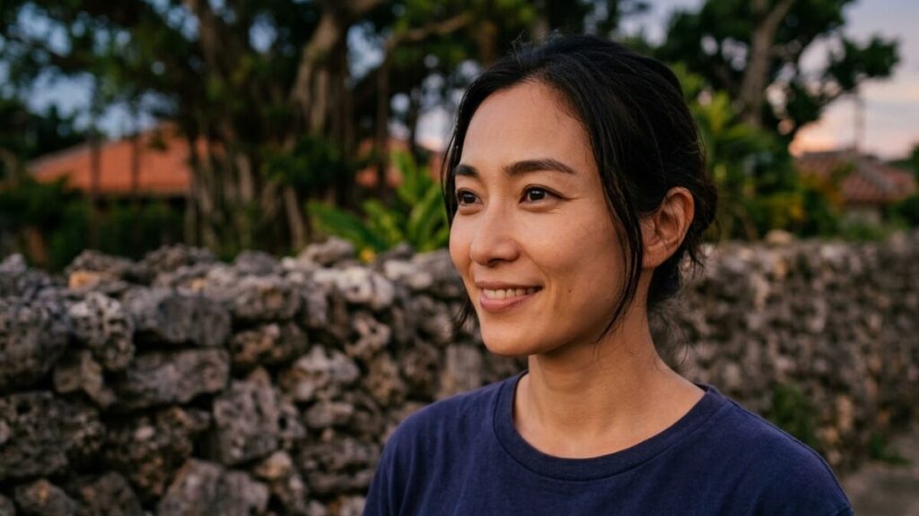 はっきりとした顔立ちや目元など沖縄女性の特徴を表現した画像。沖縄の伝統的な石垣のそばで静かに佇む、印象的な目元の女性の横顔。