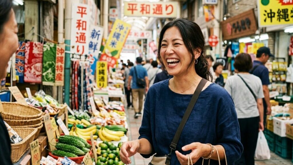 沖縄女性の特徴である、底抜けに明るく人懐っこい笑顔で地元市場の人と接する30代女性の自然なスナップ写真。