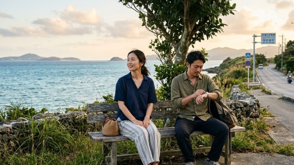 沖縄女性の特徴である、時間感覚が緩やかでおおらかな様子を表現した、海辺のベンチでリラックスして過ごす男女の情景。