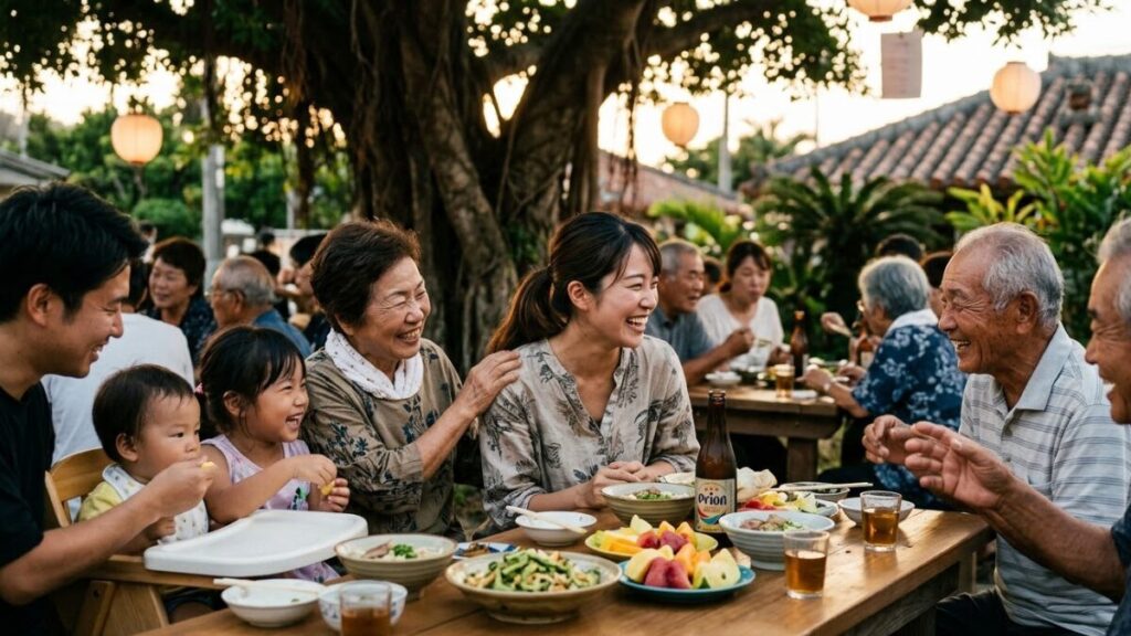 沖縄女性の特徴である家族や仲間への強い愛情と絆を感じさせる、地元の集まりで笑顔で食卓を囲む女性の姿。