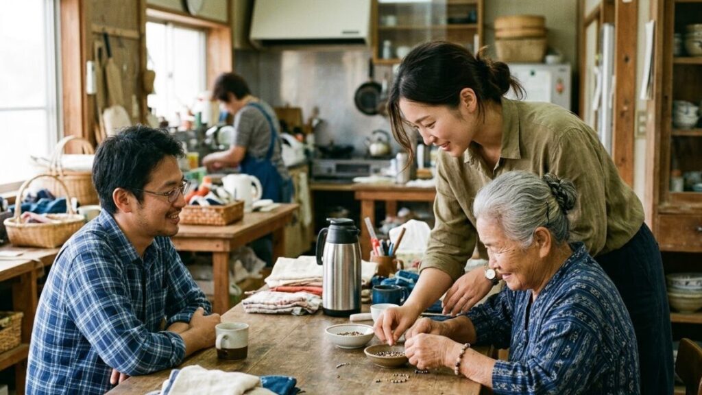 沖縄女性の特徴として知られる、世話好きで面倒見がいい一面を自然に表現した、周囲の人に気配りをする女性の日常のスナップ。