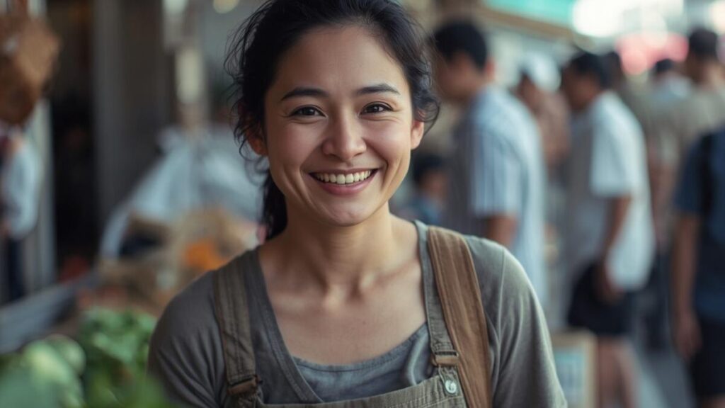 沖縄女性の特徴である、明るい笑顔の奥に秘められた芯の強さと自立心を感じさせる、賑やかな市場での自然なスナップ。