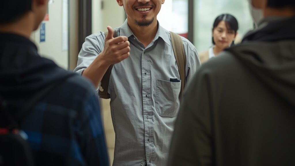 習い事の帰り際に、笑顔で会釈を交わす清潔感のある40代男性。40代の出会いは習い事での自然な挨拶や振る舞いが大切であることを伝える、温かみのあるドキュメンタリー風写真です。