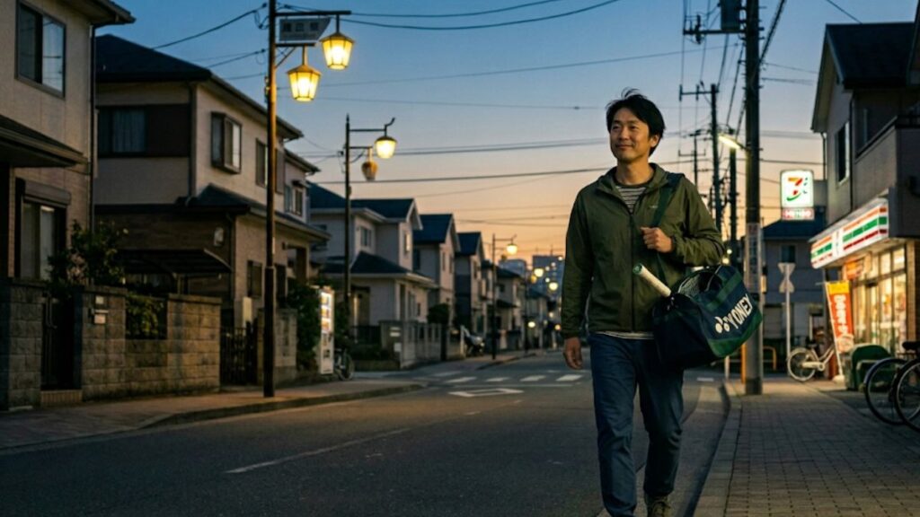 仕事帰りに無理なく趣味を楽しみ、充実した表情で自宅へ向かう男性。継続しやすい環境選びが40代の出会いは習い事で成果を出す秘訣であることを示唆する、日常的な風景です。