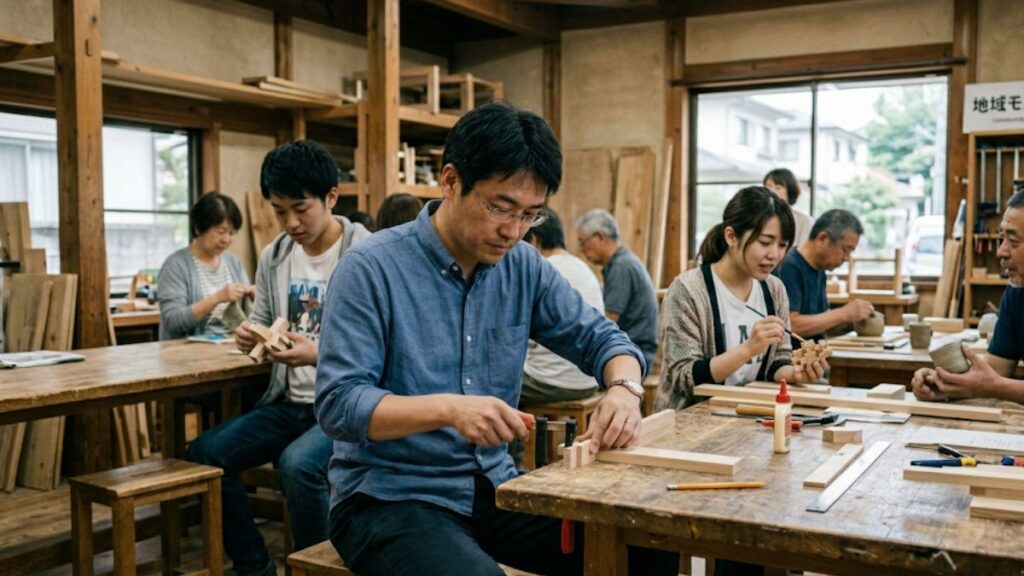 仕事帰りに趣味の場へ参加し、真剣かつリラックスした表情を見せる男性。社会人の日常に溶け込む40代の出会いは習い事が適していることを表現しています。