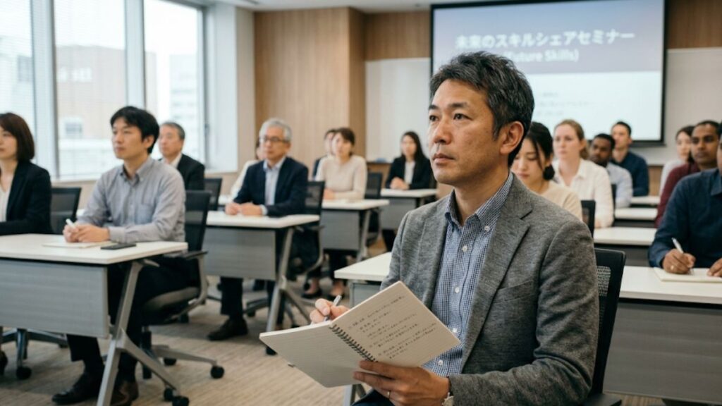 セミナーでメモを取りながら熱心に学ぶ40代男性。自分磨きを楽しみながら40代の出会いは習い事から探すという、現代のリアルな趣味の傾向を映しています。