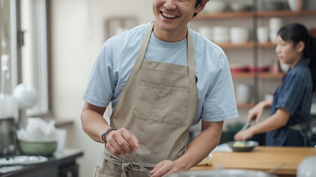 料理教室で周囲と交流しながら楽しそうに作業する男性の姿。清潔感と心の余裕が伝わる、40代の出会いは習い事がおすすめな理由を視覚化した一枚です。