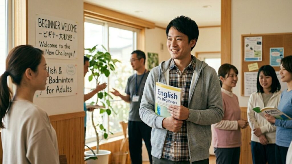 初心者向けクラスで新しい学びに挑戦する40代男性。心理的ハードルが低く、40代の出会いは習い事から無理なく始められる安心感を表現した画像です。