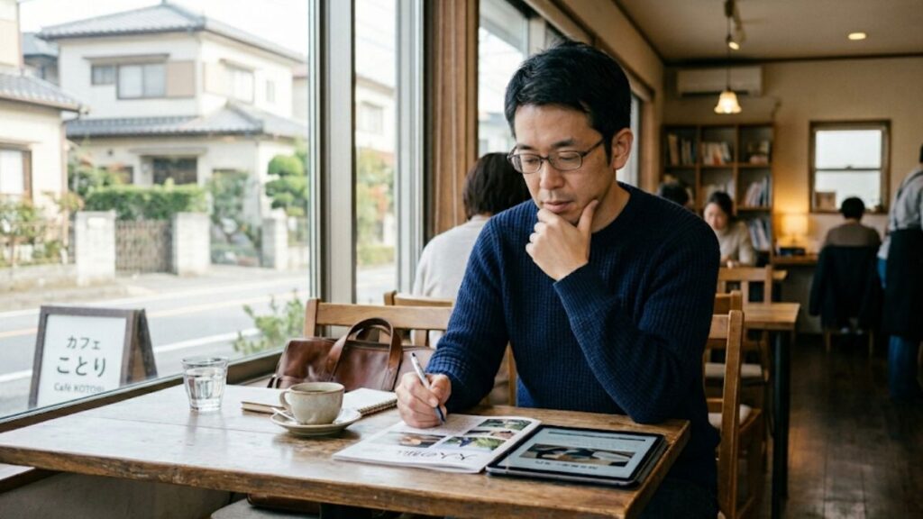 カフェでタブレットを見ながら自分に合った趣味を探す男性。40代の出会いは習い事がきっかけになることを示すランキング記事に最適な、落ち着いた雰囲気の画像です。