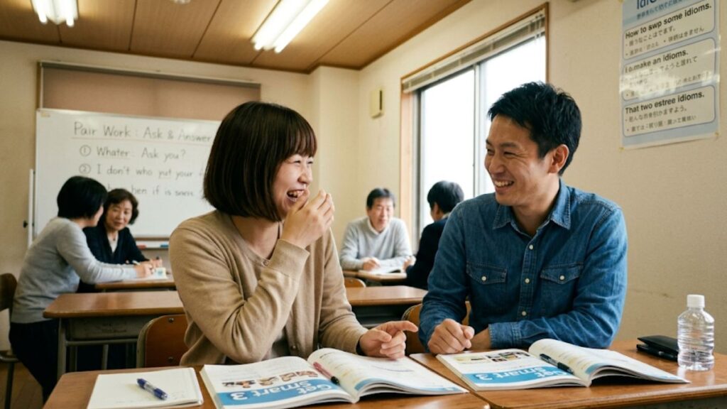 英会話教室のペアワークで、テキストを手に自然な笑顔で会話する40代の男女。語学学習を通じて40代の出会いは習い事で実現できることを表現したリアルな一枚です。