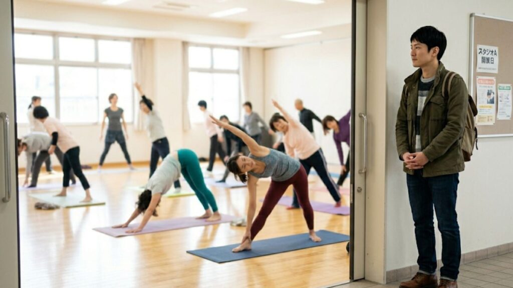 スポーツセンターの体験レッスンで、教室の雰囲気や参加者の様子をそっと確認する男性。40代の出会いは習い事の男女比を事前に知ることが成功への第一歩であることを示します。