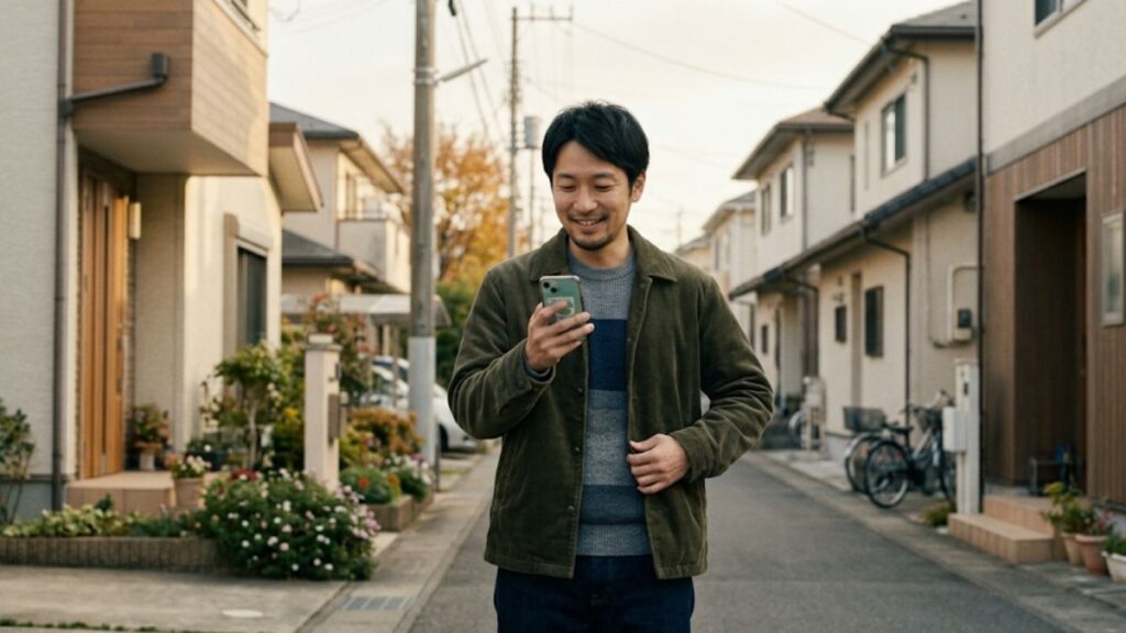 会話の流れから自然にデートへと誘い、マッチングアプリでの恋愛話の切り出し方がうまくいって和やかにスマホを見つめる男性の姿です。