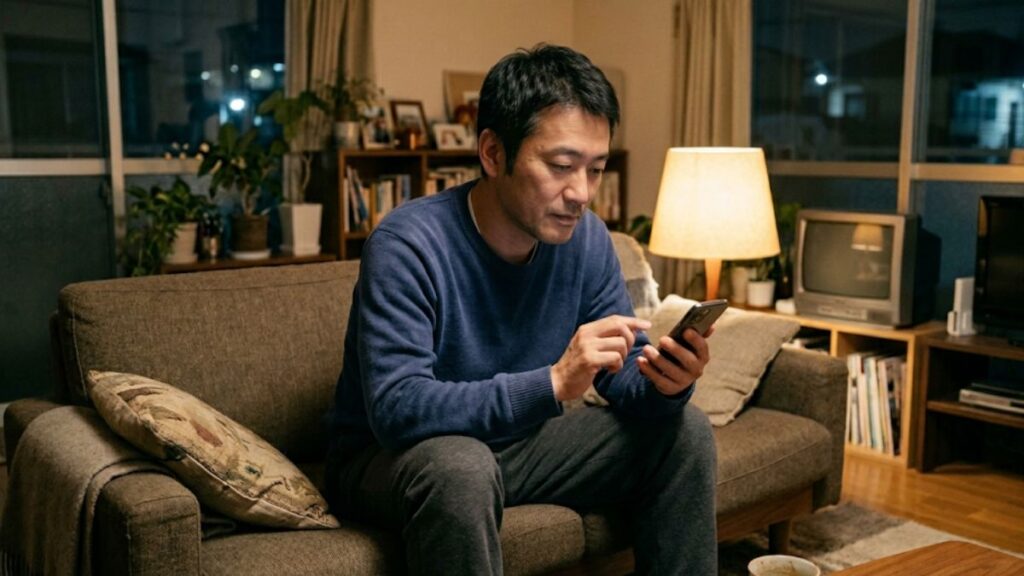 話題が尽きた時のマッチングアプリでの恋愛話の切り出し方を考えながら、部屋でリラックスしてスマホを見る男性の姿です。