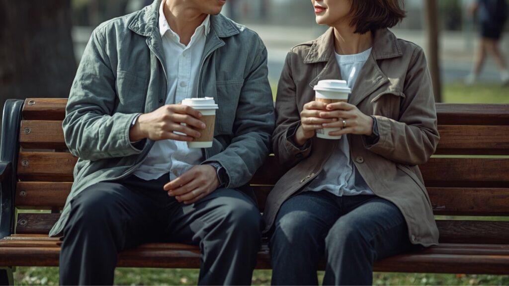 なかなか恋愛話にならない状況から、マッチングアプリでの恋愛話の切り出し方を探りつつ公園で穏やかに過ごす男女の光景です。