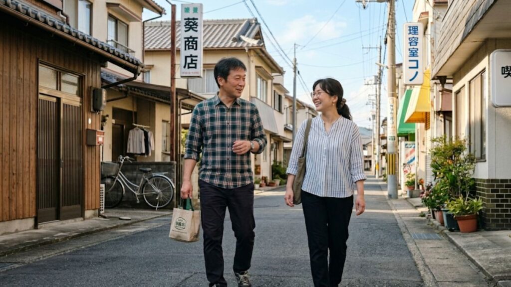 日常会話から繋げるマッチングアプリでの恋愛話の切り出し方を実践し、地方の穏やかな街並みを笑顔で歩く男女の様子です。