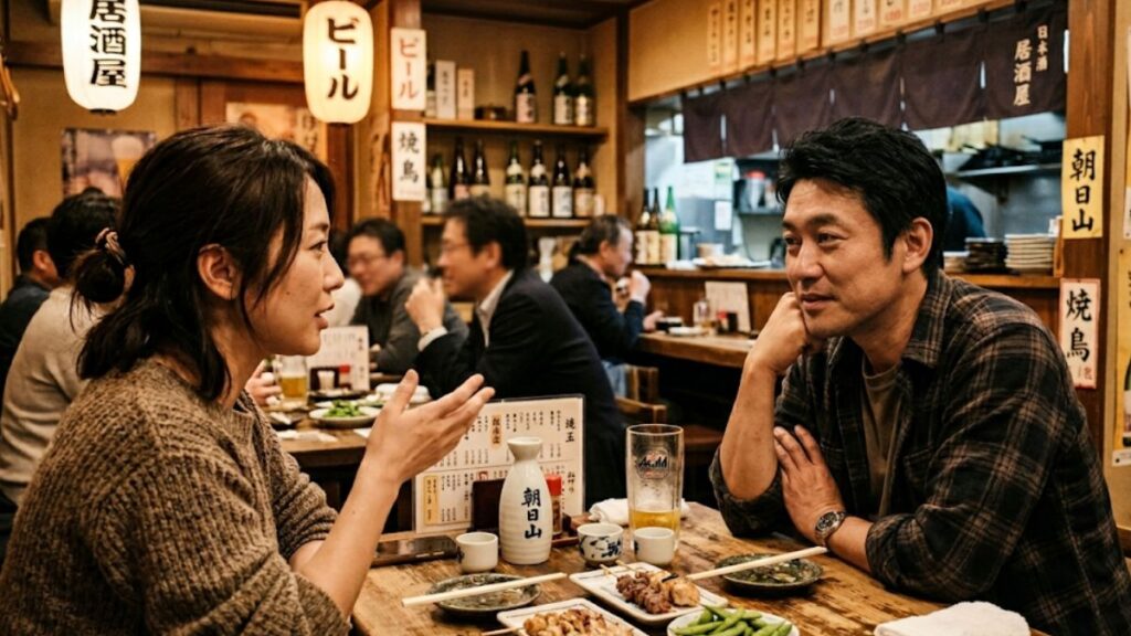 共感と深掘りによるマッチングアプリでの恋愛話の切り出し方を意識し、飲食店で相手の話に真剣に耳を傾ける男性の姿です。