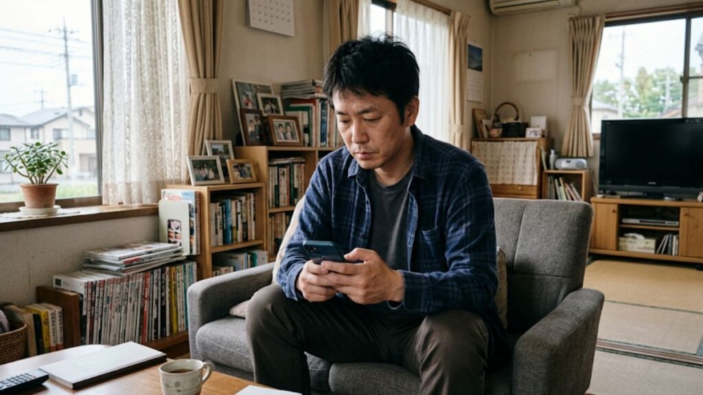 メッセージやデートでマッチングアプリでの恋愛話の切り出し方のタイミングを、部屋で落ち着いて考えている男性の様子です。