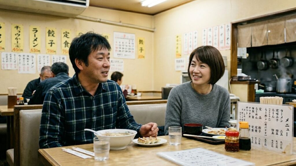 デート中に話題選びを間違え、マッチングアプリでの恋愛話の切り出し方に少し戸惑いやすれ違いが生じている、飲食店の男女の風景です。