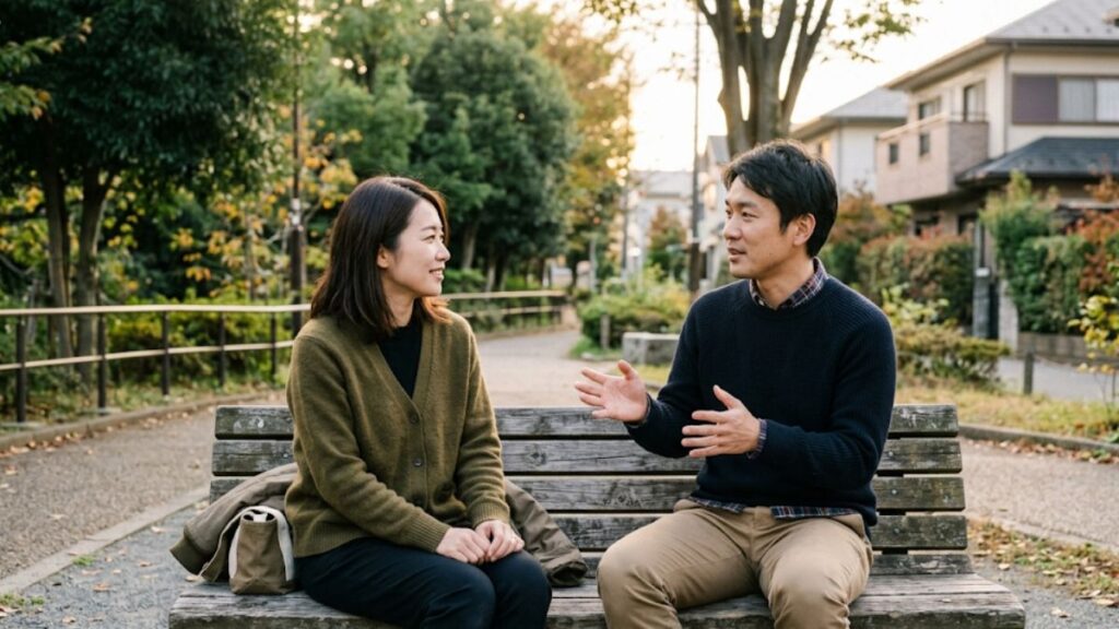 過去の経験を誠実に伝え、自然なマッチングアプリでの恋愛話の切り出し方へ繋げようと、公園のベンチで女性と落ち着いて話す男性の姿です。